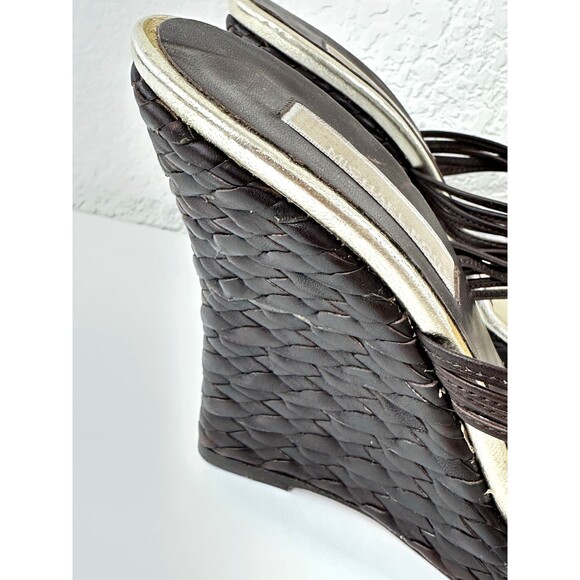 MICHAEL KORS Leather Wedge Sandals Woven Strappy Slip-On Heels Sz 7 6.5 Vintage - Picture 8 of 10